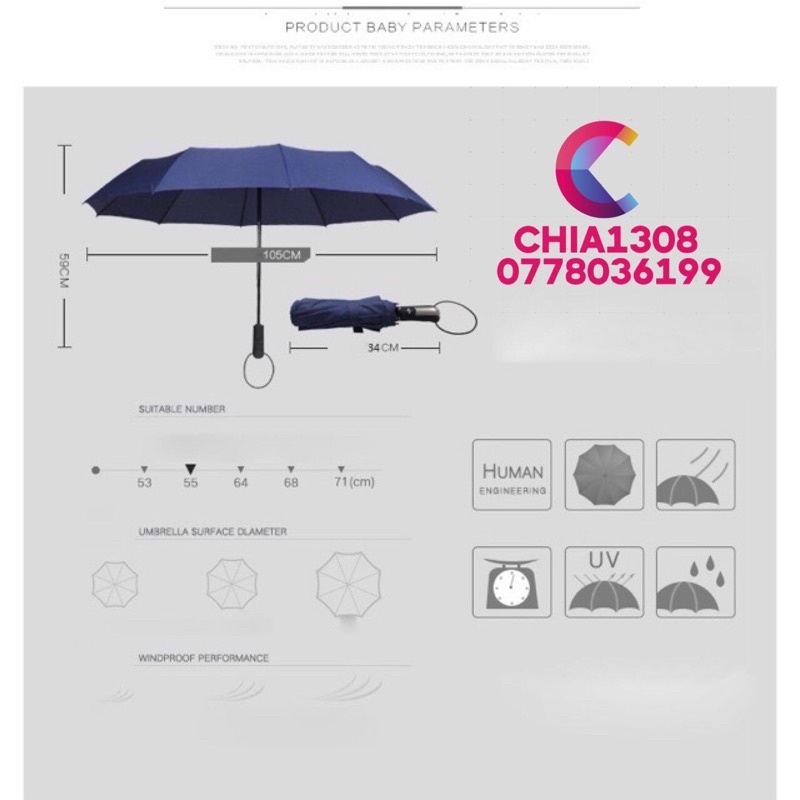 Ô Dù Đi Mưa Mở Nút Tự Động Thiết Kế 10 Nan Kép Bằng Thép 304 Chống Gỉ Chắc Chắn Và Bền Đẹp