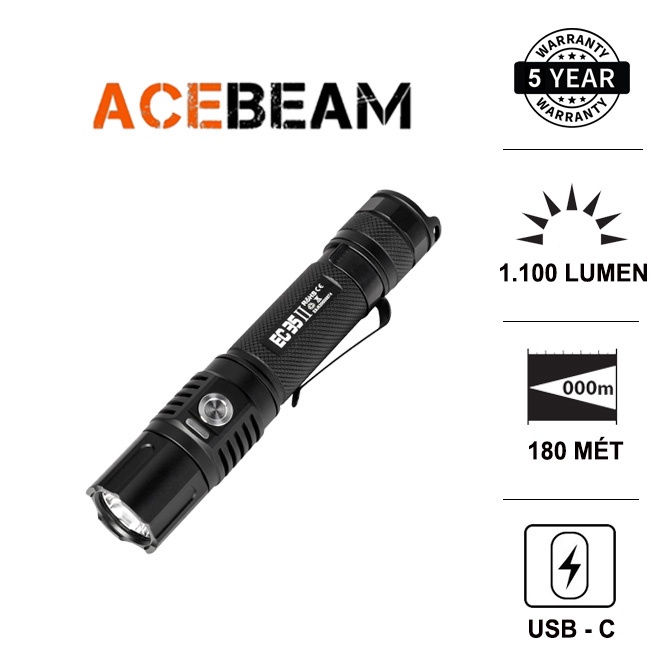 Đèn pin ACEBEAM EC35 GEN 2 LED SAMSUNG LH351D sáng 1100 lm xa 180m cổng sạc USB-C sử dụng 1 pin 18650 Đèn &amp; Đèn pin