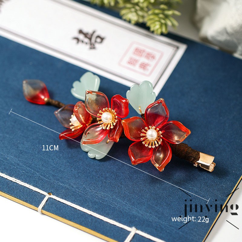 GETNOIVAS Kẹp tóc pha lê màu đỏ hình hoa phong cách cổ trang Trung Quốc