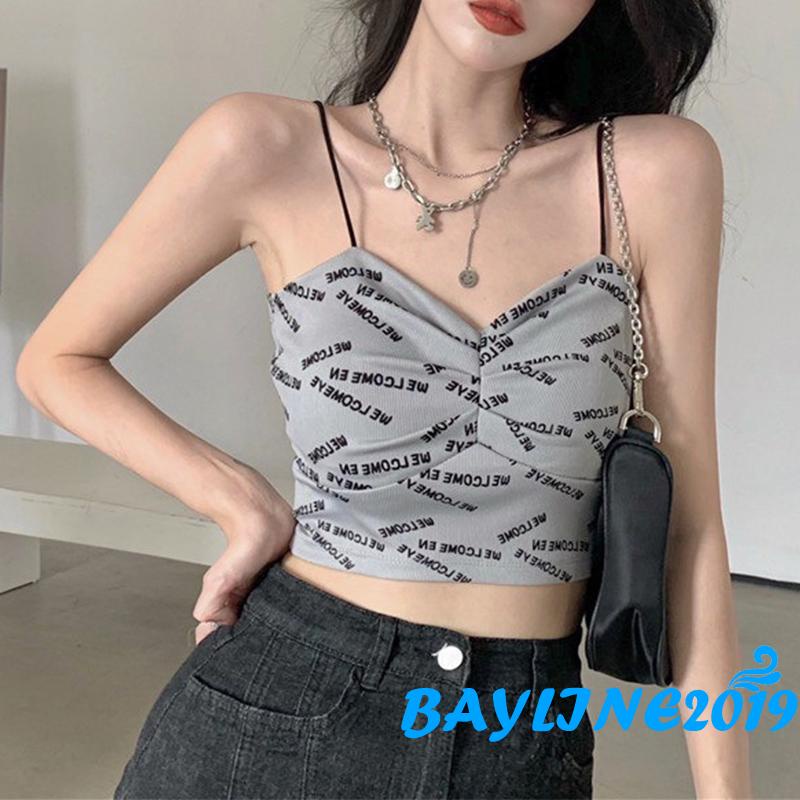 Áo lửng hai dây cổ chữ V họa tiết chữ độc đáo phong cách quyến rũ cho nữ