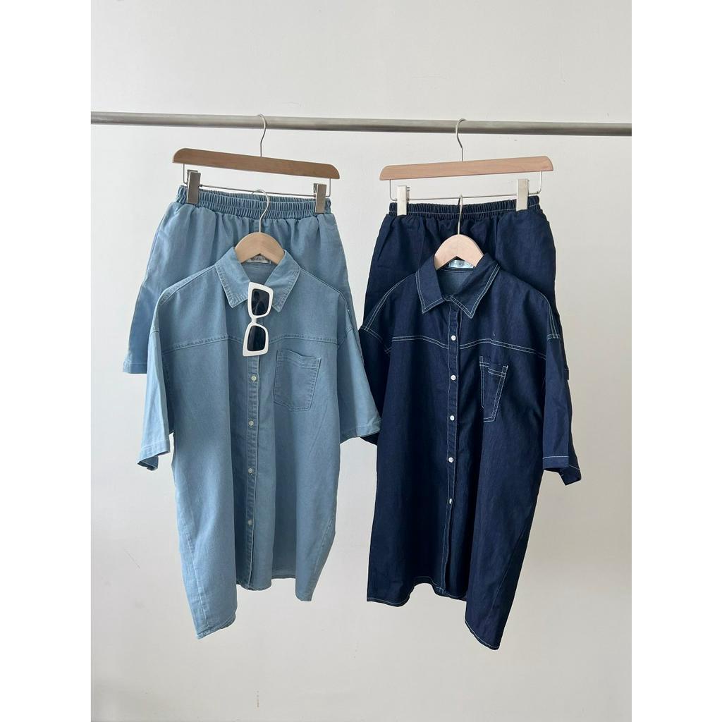 SET JEANS VIỀN CHỈ 2 MÓN doubleh.clo - Set áo sơ mi bò jeans viền chỉ kèm quần short cạp chun co giãn mềm mại chất mát