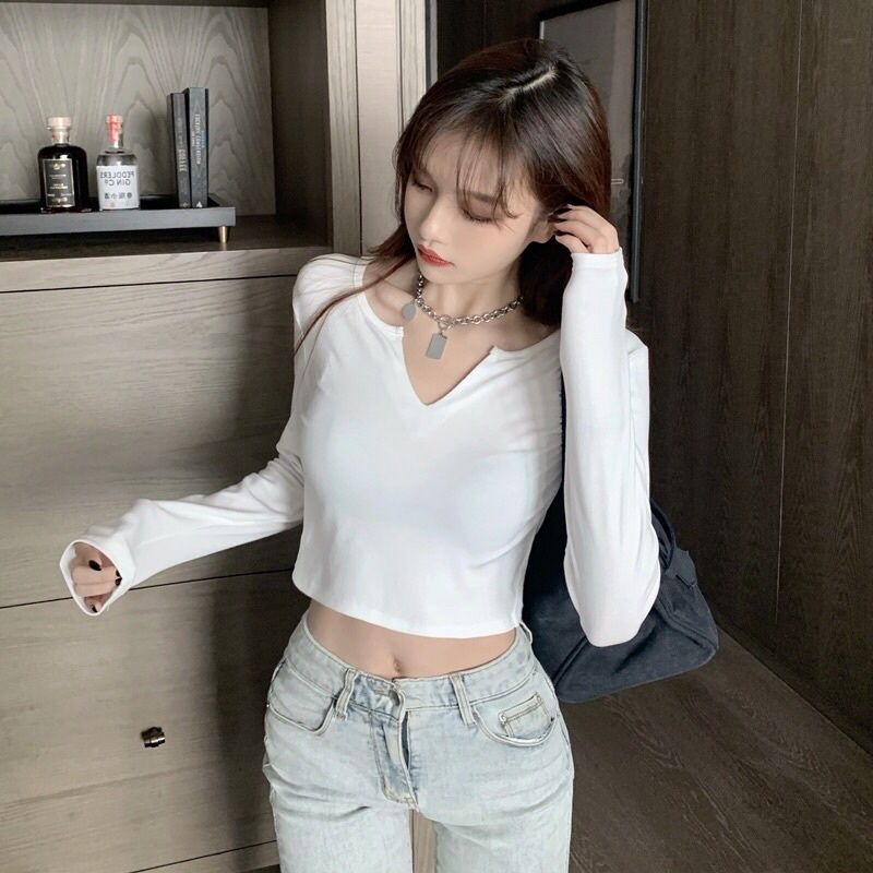 Áo CROPTOP tay dài nữ cổ v thun gân