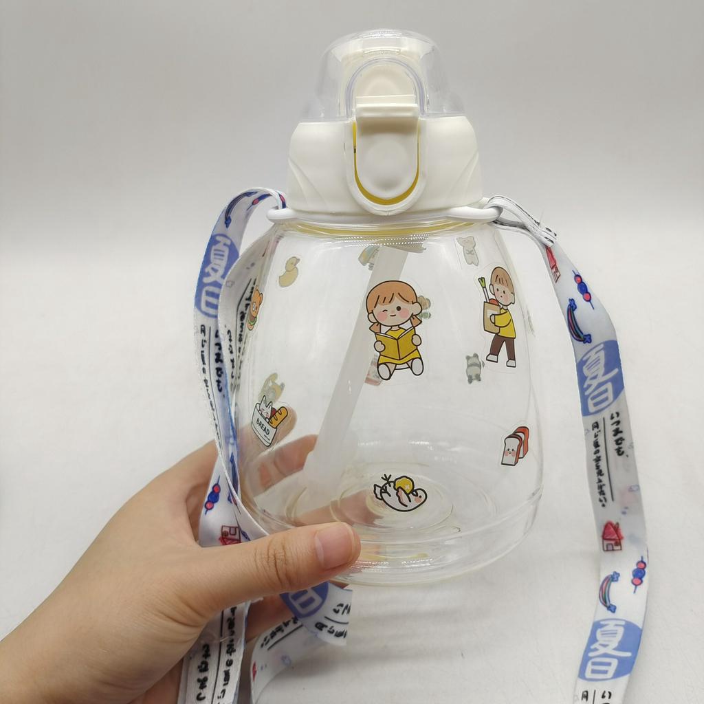 Bình Nước 1100ml Trong Suốt Có Dây Đeo Và Sticker Cute