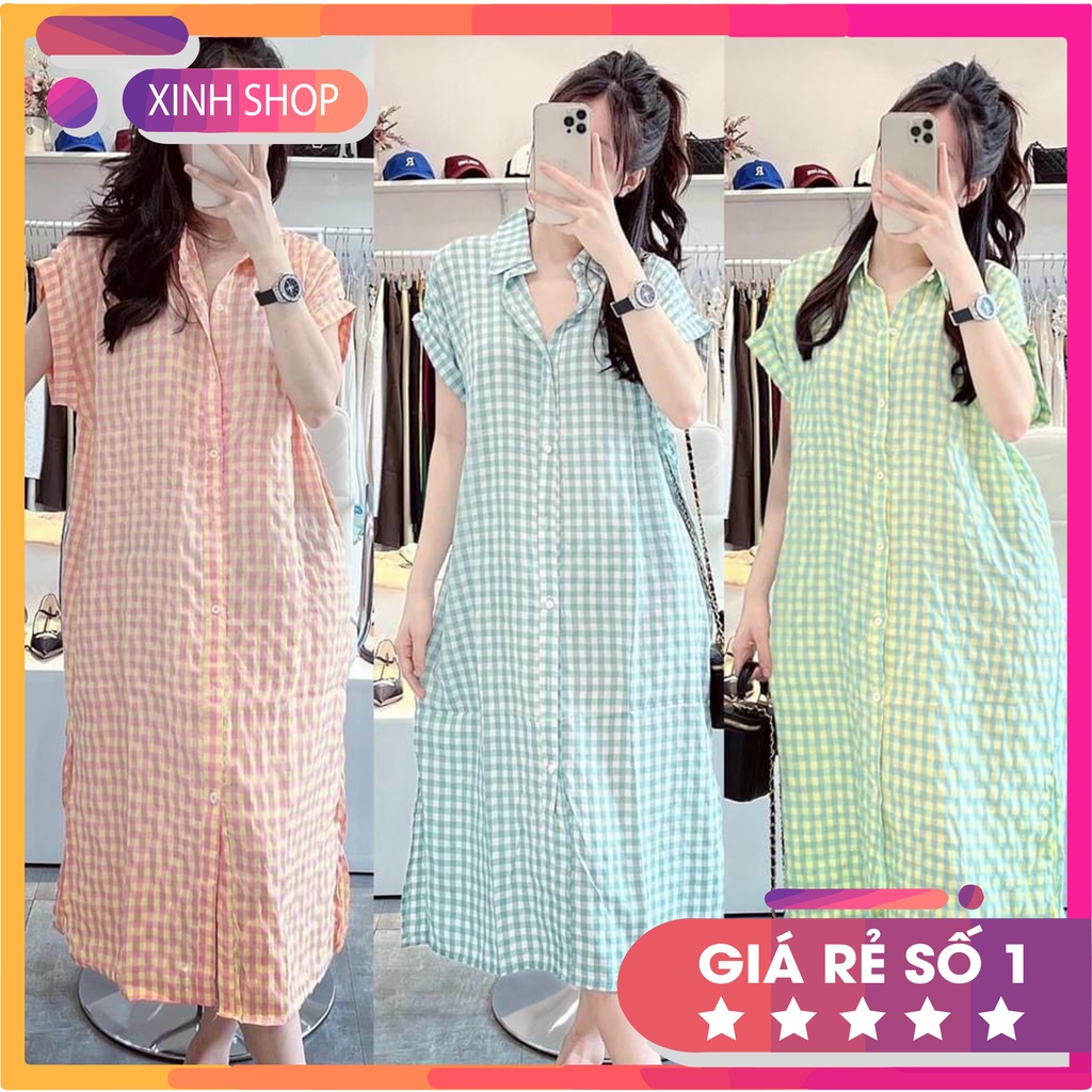Váy Sơ Mi Suông Kẻ Caro Basic, Đầm Xuông Xốp Loại 1