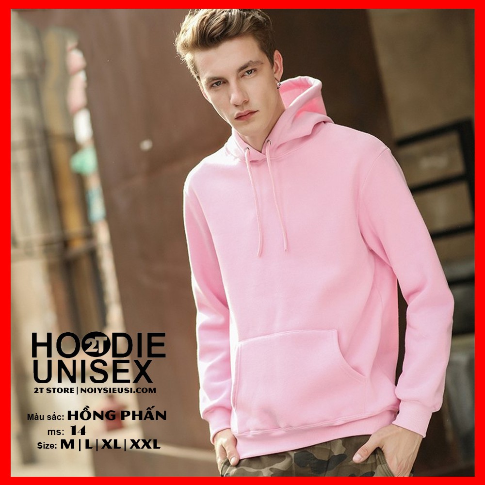 Áo hoodie unisex 2T Store H14 màu hồng phấn - Áo khoác nỉ bông chui đầu nón 2 lớp dày dặn đẹp chất lượng