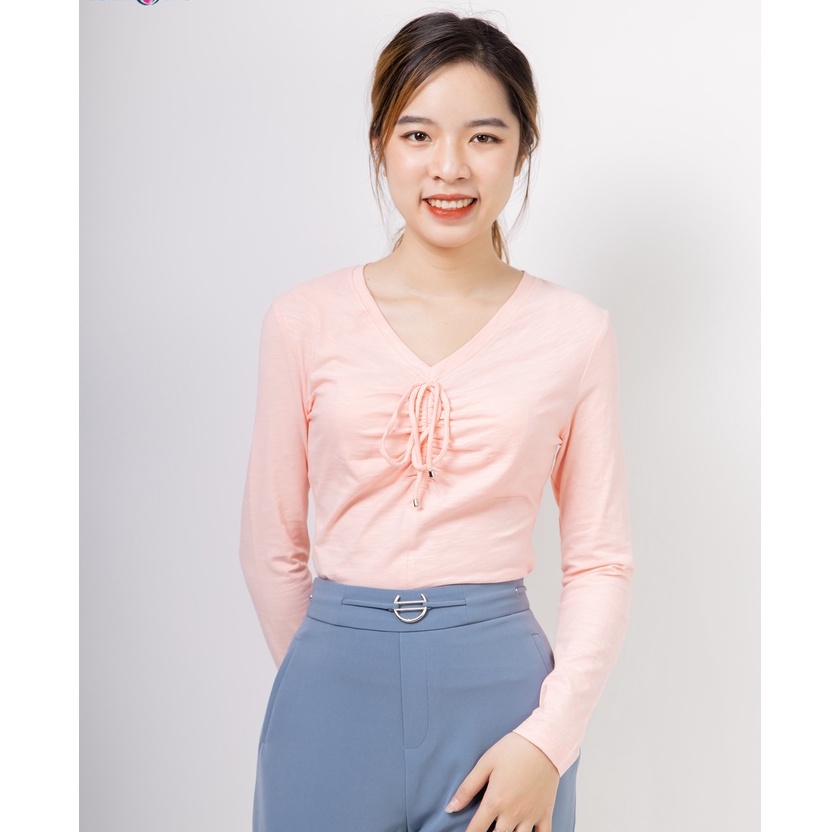 [Mã LTP50 giảm 50000 đơn 150000] Áo thun nữ dài tay cổ nhún Emspo ATL0145 (Trắng, Hồng)