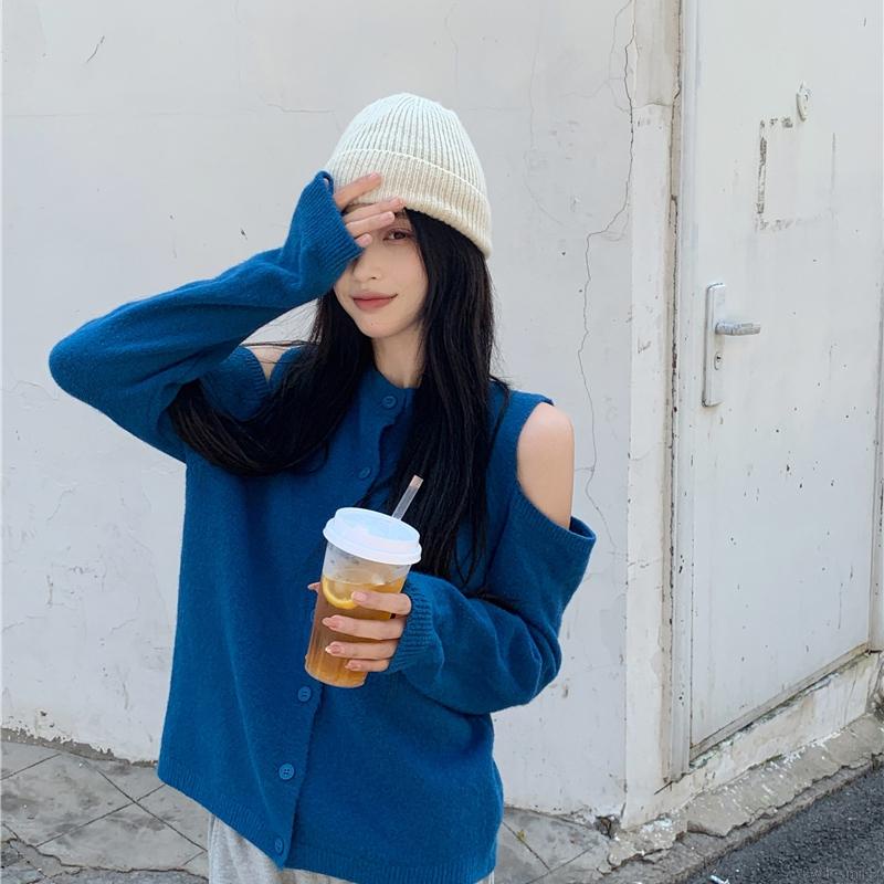 Áo cardigan dệt kim tay dài dáng rộng cổ tròn hở vai cài nút thời trang dành cho nữ