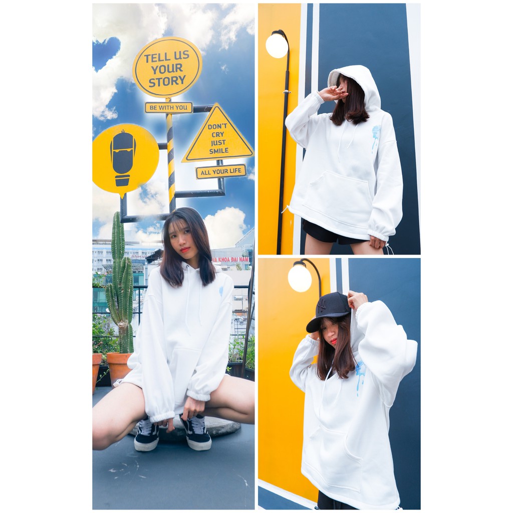 [Ảnh thật] Áo Hoodie Blue Moon Nỉ bông Màu trắng