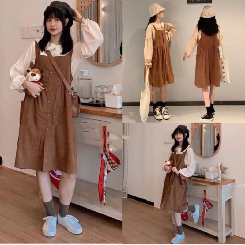 Đầm yếm nhung màu nâu tây 2 chi tiết áo tay phồng dáng suông dài Hàn Quốc - Blue Clothes