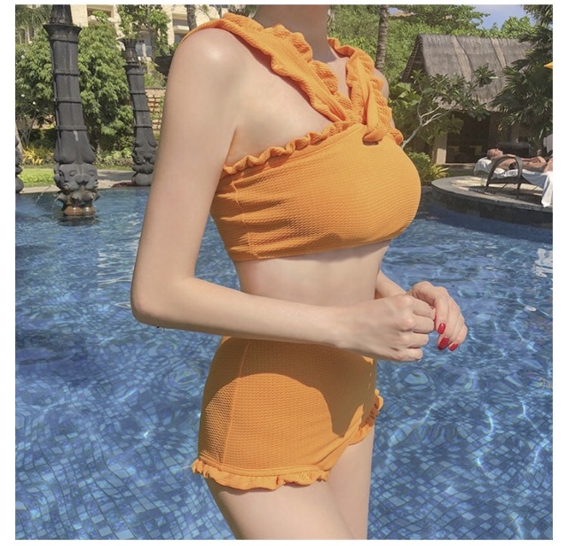 (Có sẵn,clip) Bikini 2 mảnh màu vàng quần cạp cao