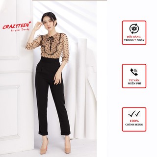 Aó kiểu nữ CRAZYTEEN cổ bèo lưới bi nhung AC0367