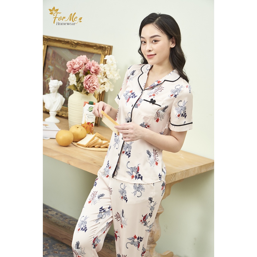 Bộ đồ ngủ, mặc nhà chất Lụa Giấy Luxury NGẮN TAY QUẦN DÀI HOA BÁO 10 ,forme pijama