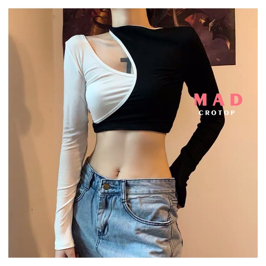 Áo Croptop Phối Hai Màu Hở Vai Tay Dài Chất MadCrotop CRT104