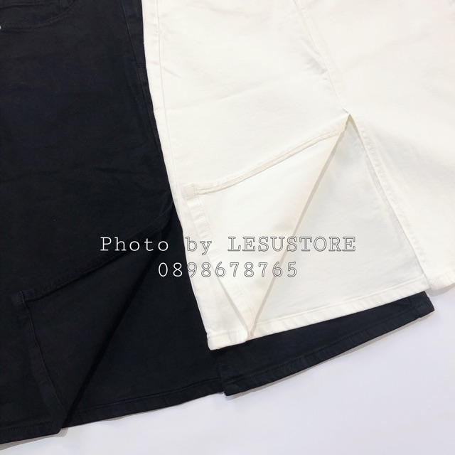 ẢNH THẬT Chân váy jeans midi trơn xẻ giữa lưng cao | BigBuy360 - bigbuy360.vn