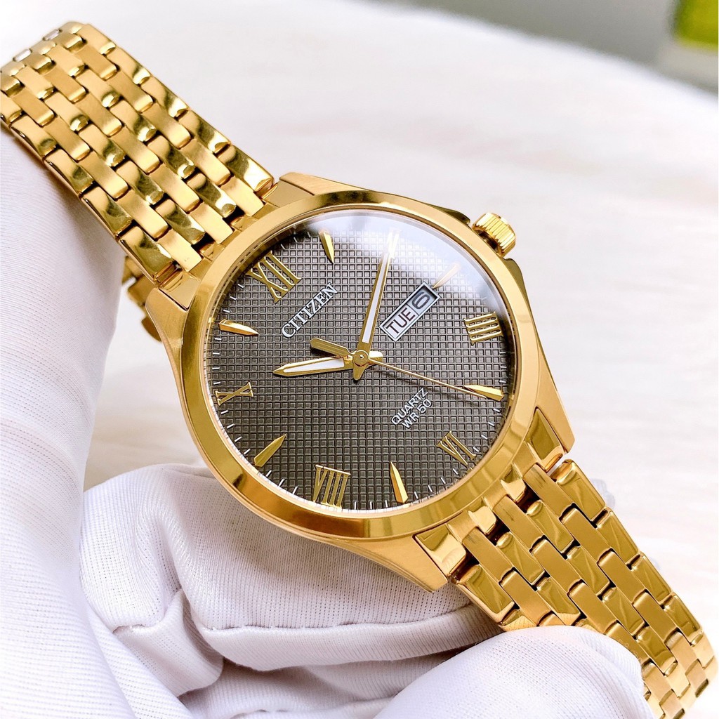 Đồng hồ Nam chính hãng Citizen BF2022-55H Size 41,Mạ vàng,Mặt đen,Lịch-Máy Pin Quartz-Dây kim loại thép cao cấp