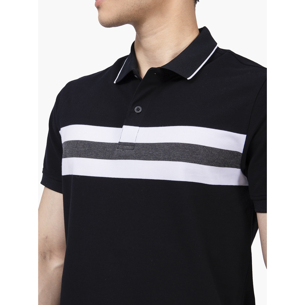 Áo thun polo nam Aristino APS129S2 phông ngắn tay có cổ bẻ dáng suông vừa màu đen kẻ trắng vải cotton cao cấp mềm mại