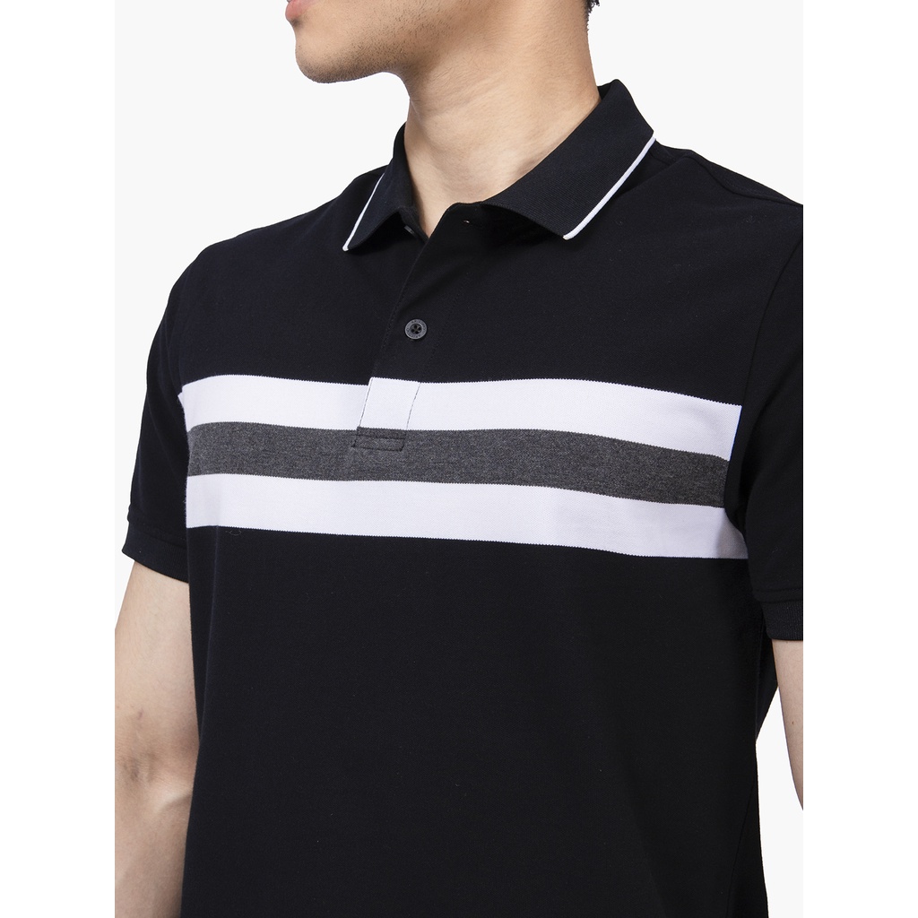 Áo thun polo nam Aristino APS129S2 phông ngắn tay có cổ bẻ dáng suông vừa màu đen kẻ trắng vải cotton cao cấp mềm mại