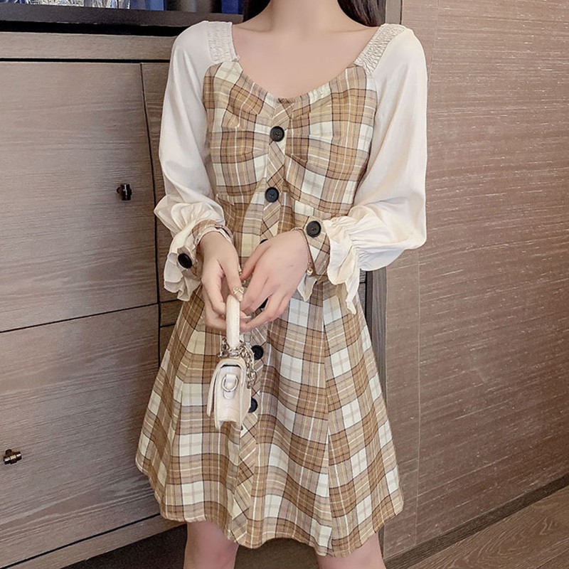Đầm váy nữ cổ vuông, mẫu váy đầm kẻ caro dáng xòe mặc được cổ vuông và trễ vai-L042 | BigBuy360 - bigbuy360.vn
