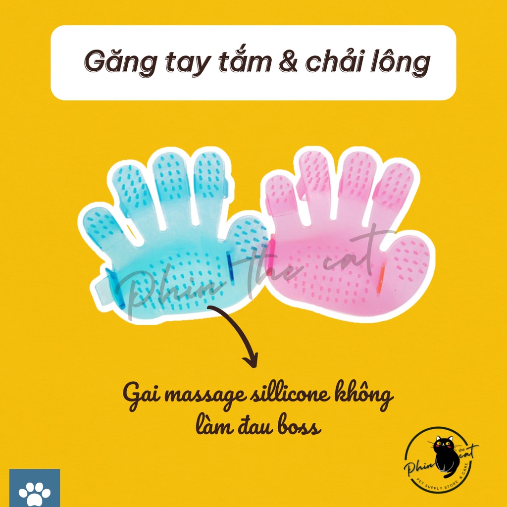 Găng tay tắm &amp; chải lông chó mèo bằng nhựa, có hạt massage | phinthecat