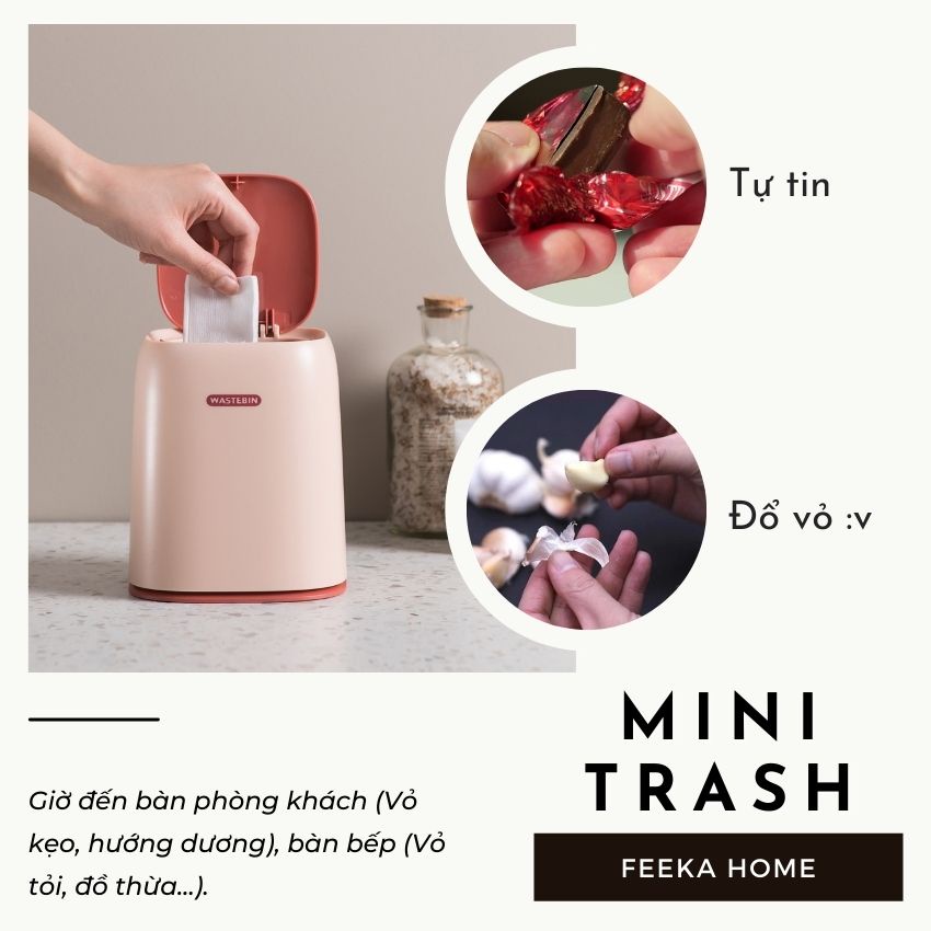 Thùng rác mini để bàn hoặc ô tô FEEKA cute có quai xách, sọt rác mini nhựa dễ thương để phòng ngủ