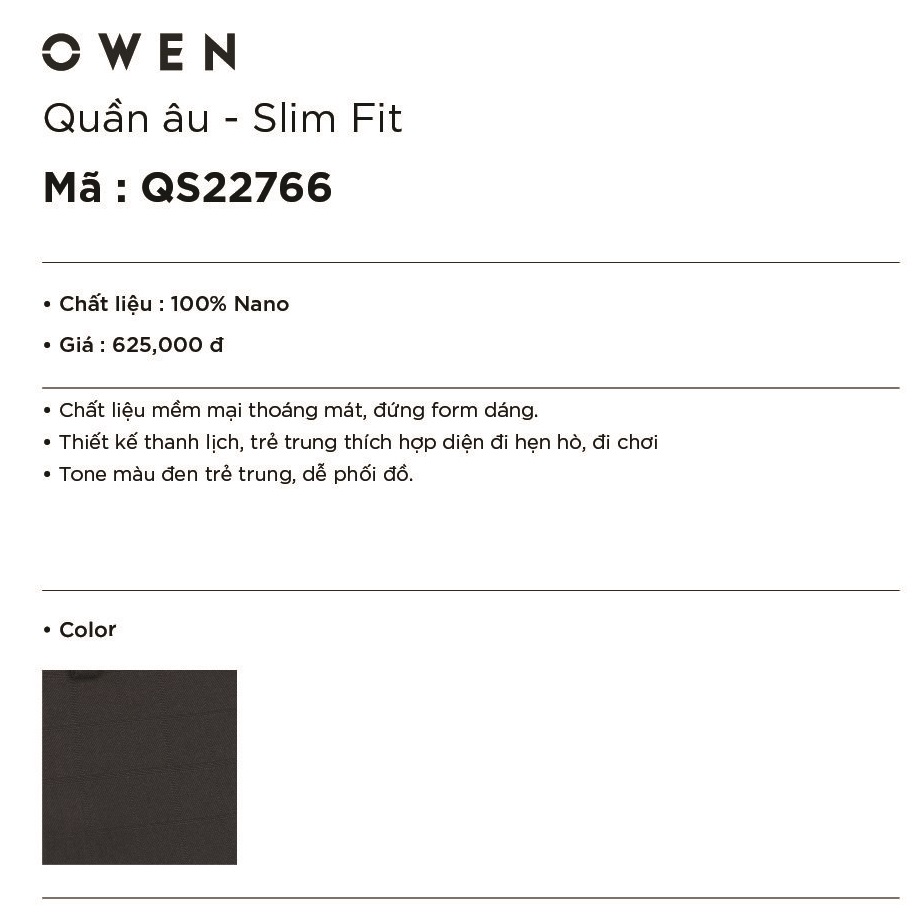 Quần Tây Nam Owen QS22766 Quần Âu Nam Màu Đen Caro Chìm Kiểu Dáng Slim Fit Chất Liệu Nano