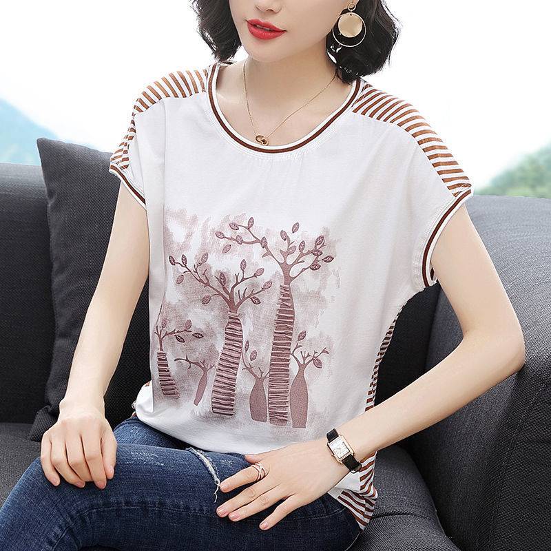 Áo Thun Tay Ngắn Cổ Tròn Hoạ Tiết Kẻ Sọc Có Size Lớn Cho Phái Nữ