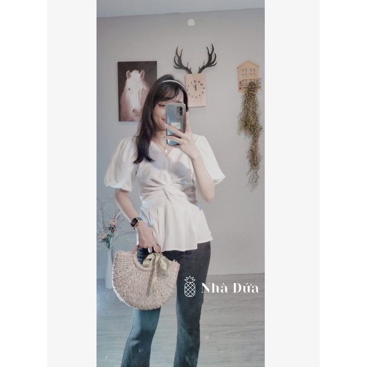 Áo  sơ mi peplum nữ kiểu nhún em màu trắng tay bồng chất đẹp mặc đi học đi làm đi chơi Nhà Dứa