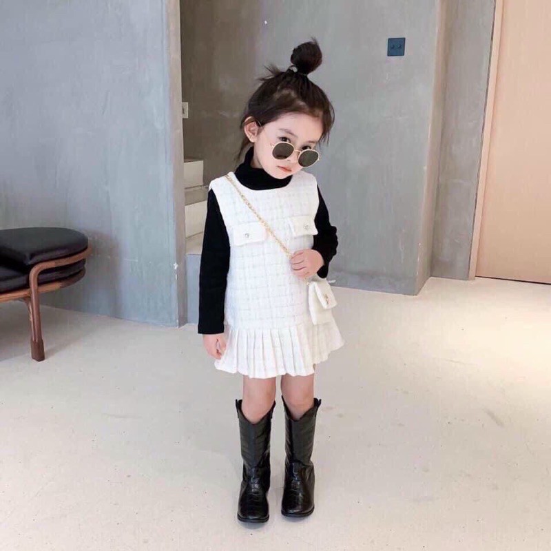 Bộ Áo Váy Dạ Nhũ Bé Gái
