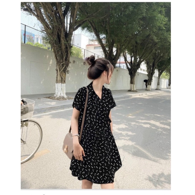 ĐẦM HOA ĐEN ĐẮP CHÉO CỘT EO 🌼