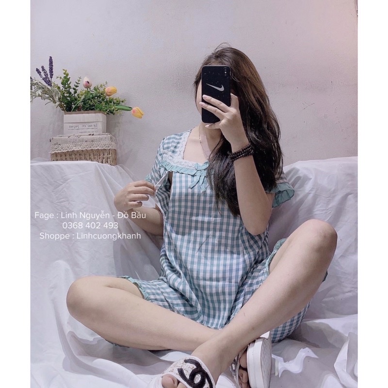 Bộ bầu lửng kẻ karo thiết kế chất đũi Hàn cao cấp,dáng sang chảnh, có chun tăng giảm bụng, có chỗ cho bé ti sau sinh