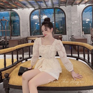 🍃 ÁO REN HOA CÚC CỔ VUÔNG BO EO‼️