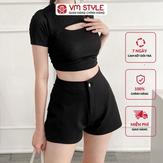 Quần short nữ VMSTYLE trơn lưng cao phối 1 nút basic màu đen 09162 QSU00001