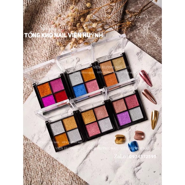 Tráng gương nail dạng nén , hộp 4 ô tráng gương ánh trai , vàng bạc , nhiều màu đẹp