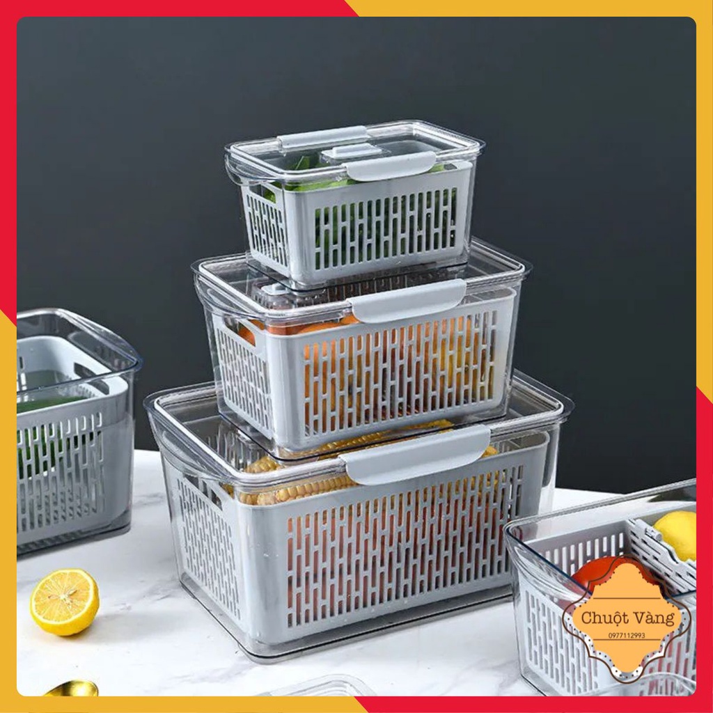 Hộp Đựng Thực Phẩm 2 Lớp Có Lỗ Thoát Nước Để Tủ Lạnh, Bảo Quản Rau Củ Hoa Quả , Chất Liệu Nhựa An Toàn