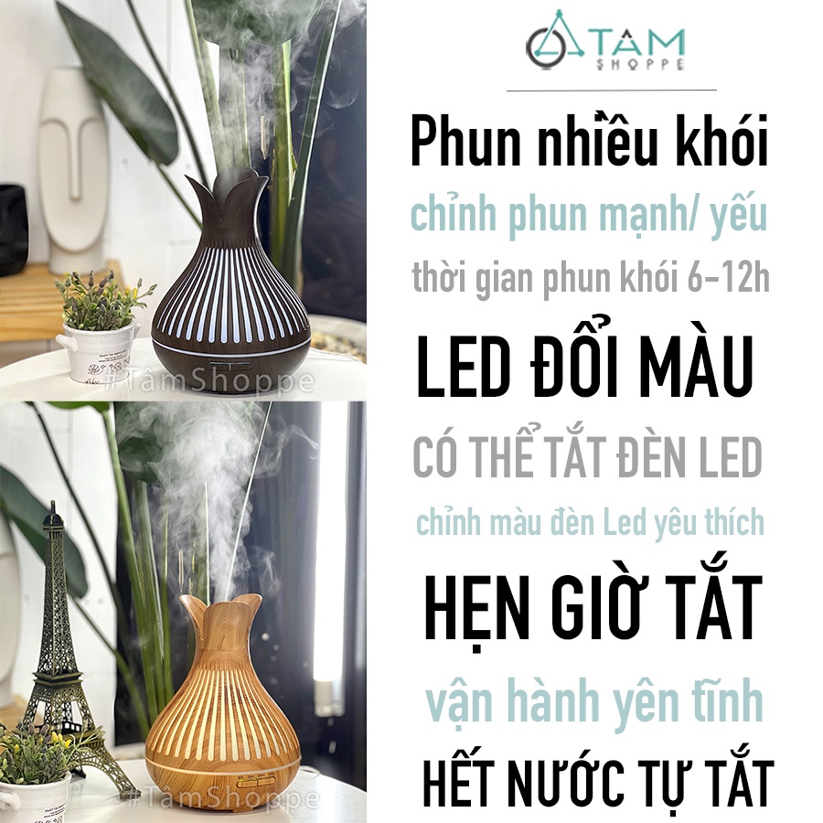 [TẶNG TINH DẦU]Máy khuếch tán tinh dầu Tulip 3 cánh vân gỗ phun khói siêu âm MKTTD-21