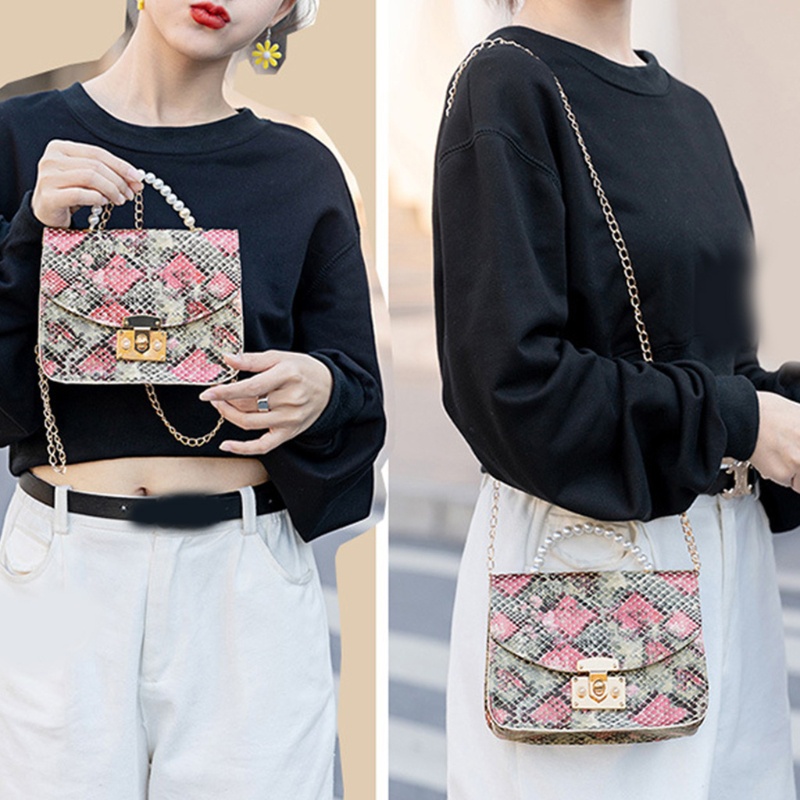 Túi Xách Da Pu Dáng Vuông Nhỏ Vân Da Rắn Phối Dây Xích Thời Trang Cao Cấp