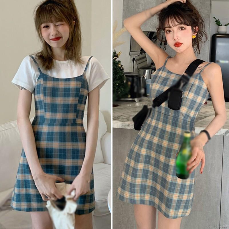 Đầm Nữ Hai Dây Họa Tiết Caro Phong Cách Retro Hàn Quốc