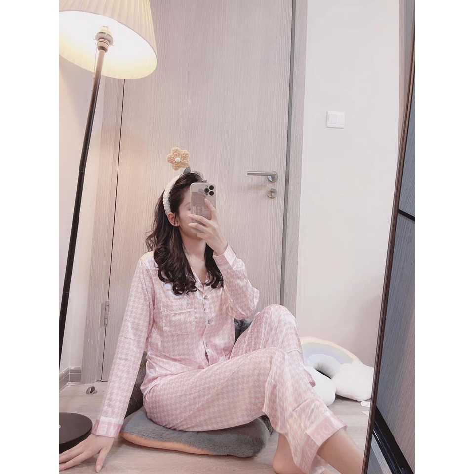 Đồ bộ pyjama dài tay thu đông mặc nhà nữ họa tiết ziczac cao cấp đồ ngủ lụa satin cao cấp (tặng kèm nơ buộc tóc ) | BigBuy360 - bigbuy360.vn