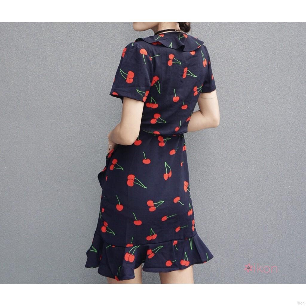 Đầm tay ngắn cổ chữ V hoạ tiết phong cách Bohemian