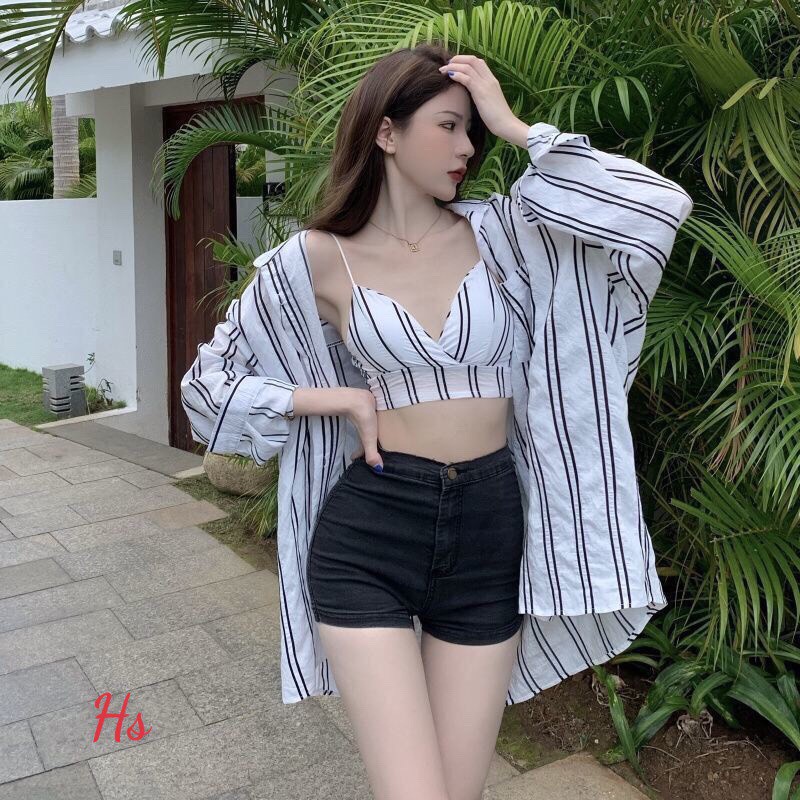 Set Áo Bra Có Mút Kèm Áo Khoác Sơ Mi Chất Liệu Lụa Có Mút Ngực Xưởng May DCS