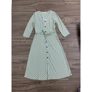 Đầm Thun MONTEAU Dài Tay Có Túi Xẻ Tà Chấm Bi Xanh - Size S - 2496
