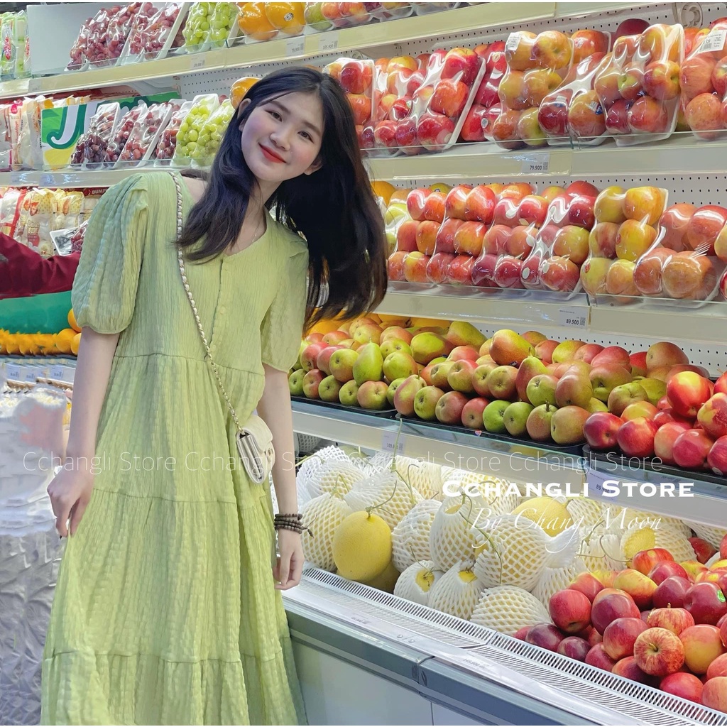 Váy kiểu tiểu thư V.118, Váy babydoll xòe tầng xốp nhăn cúc ngực tay bồng ngọt ngào - Thời trang nữ Chấm Bi