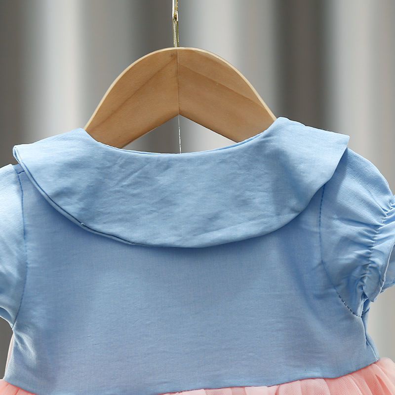 Đầm lưới   tay ngắn cổ búp bê thắt nơ eo thêu họa tiết xinh xắn dành cho bé gái 0-4 tuổi