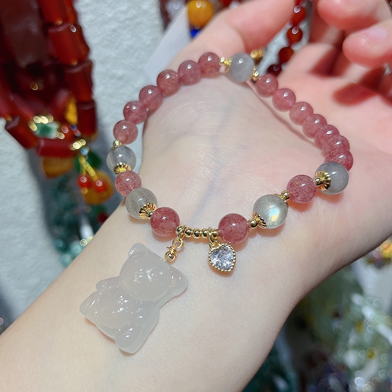 [Hàng Mới Về] Vòng Tay Đính Đá Mặt Trăng Dâu Mèo Ba Chiều Màu Xám Mặt Trăng Dâu Tây Dễ Thương Dành Cho Bạn Nữ