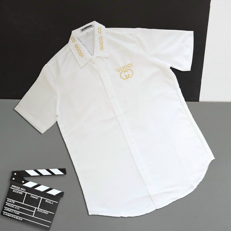 Áo sơ mi nam tay ngắn có cổ phối in chữ form ôm dáng chất liệu cotton lụa thoáng mát