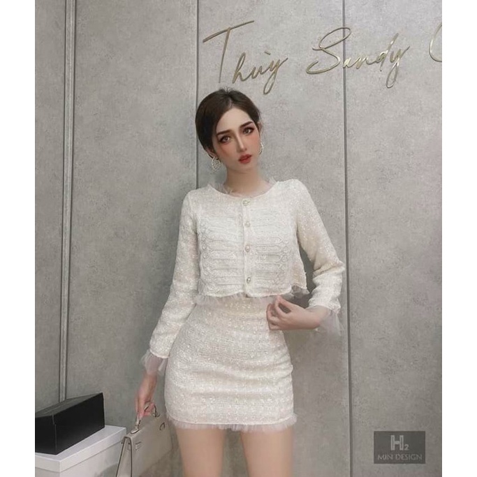 Bộ Dạ Tweed Viền Ren, Set Dạ Tweed Áo Dạ Tweed  Kèm Chân Váy Dạ Tweed Phối Lưới / 2 Màu Trắng Xanh / Size S-M