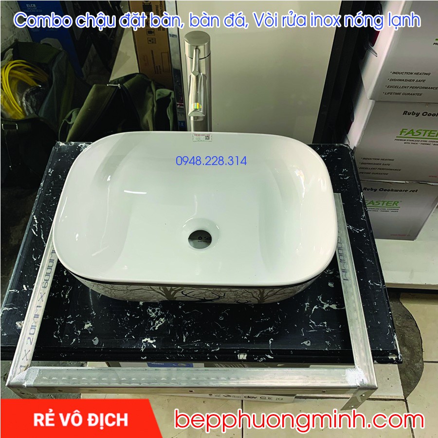 Bộ chậu rửa đặt bàn, bàn đá, vòi lavabo cao sus304 cao cấp