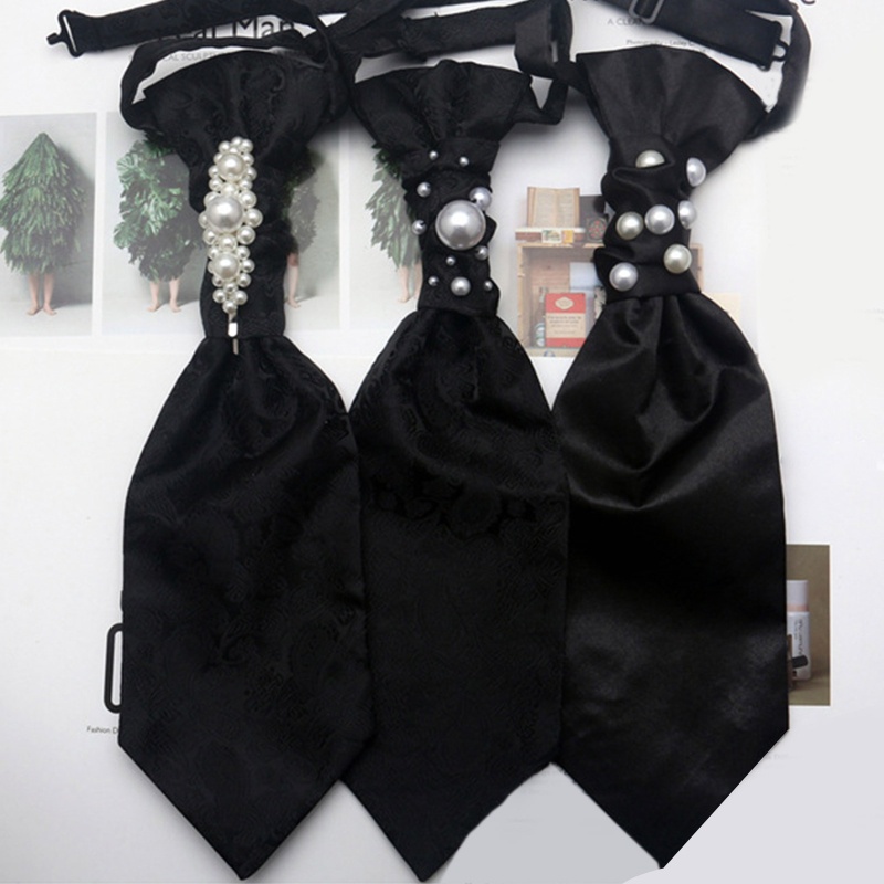 Nơ Cài Cổ Áo Màu Đen Đính Hạt Ngọc Trai Có Thể Điều Chỉnh Phong Cách Gothic Vintage