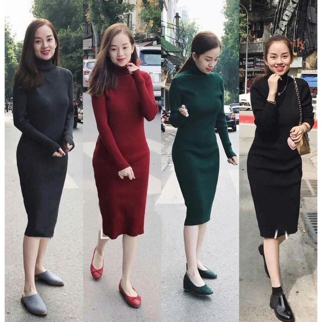 [ Sỉ 49K ] (6 Màu) Đầm Cổ Lọ Tay Dài Thun Gân Cao Cấp