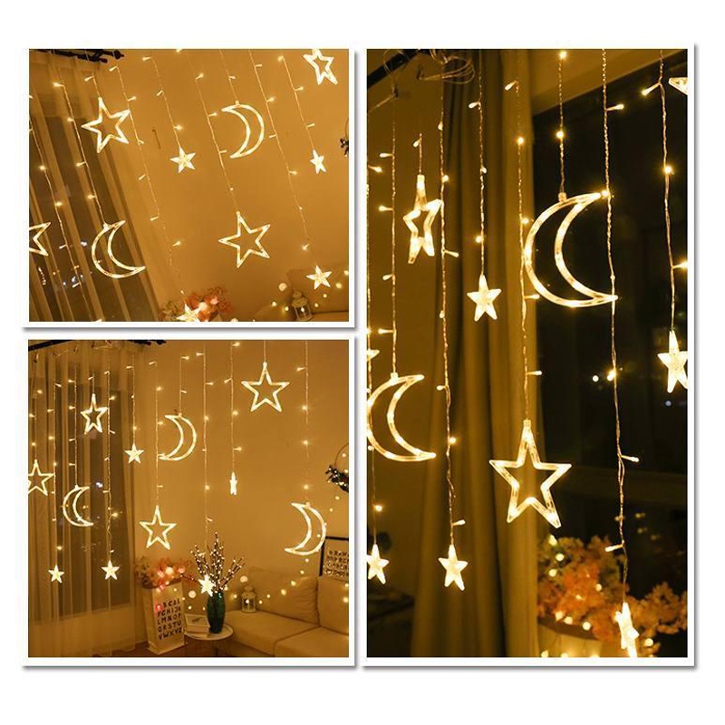 Dây Đèn LED Trang Trí Thả Rèm Hình Ngôi Sao Và Mặt Trăng Siêu Lung Linh
